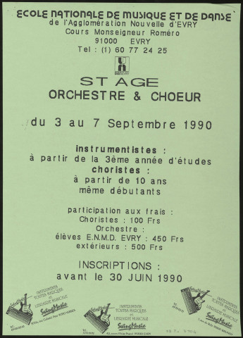 EVRY. - Stage orchestre et choeur, Ecole nationale de musique et de danse, 3 septembre-7 septembre 1990. 