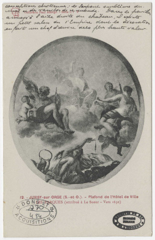 JUVISY-SUR-ORGE. - Plafond de l'hôtel de ville, peinture murale, Seine-et-Oise. Artistique, Paul Allorge (1905), 46 lignes. 