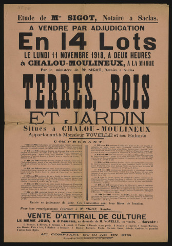 CHALOU-MOULINEUX. - Vente par adjudication d'un attirail de culture, de terres labourables, bois et jardin appartenant à M. VOVELLE, 11 novembre 1918. 