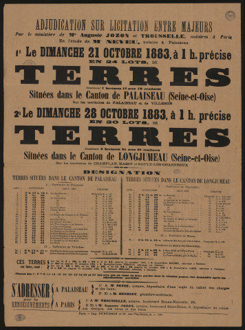 PALAISEAU, VILLEBON, CHAMPLAN, MASSY, SAULX-LES-CHARTREUX. - Vente par adjudication sur licitation entre majeurs, de terres labourables, 28 octobre 1883. 
