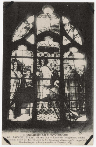 LONGJUMEAU. - Eglise, vitrail (André de Longjumeau, dominicain, remet au roi Saint-Louis la couronne d'épines qu'il a rapporté de Constantinople à Venise puis ensuite en France (1239). Paul Allorge. 
