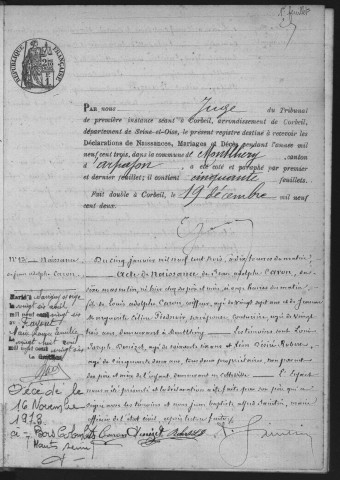 MONTLHERY.- Naissances, mariages, décès : registre d'état civil (1903). 