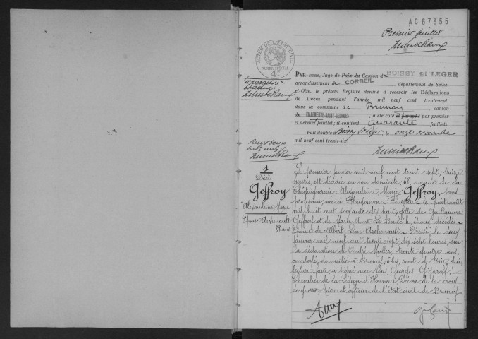 BRUNOY.- Décès : registre d'état civil (1937). 