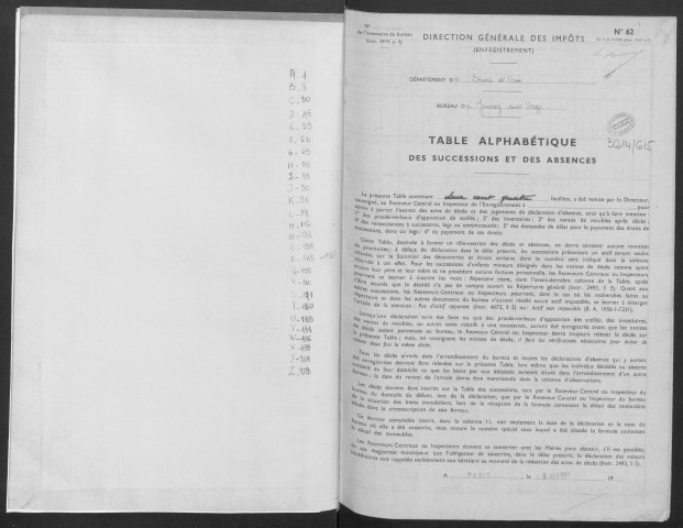 JUVISY-SUR-ORGE, bureau de l'enregistrement. - Tables des successions et des absences, volume 23, 1963. 