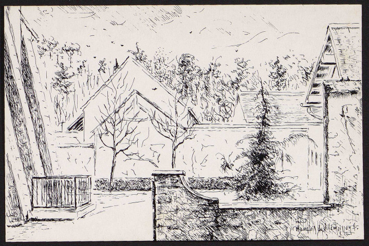 VILLEMOISSON-SUR-ORGE.- Jardin près de l'église, dessin de M. Langlois de Villemoisson (1989).