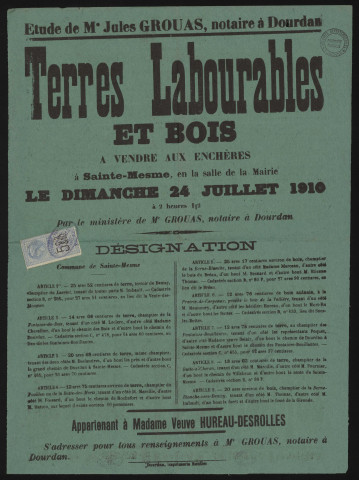 SAINTE-MESME (Yvelines).- Vente aux enchères de terres labourables et bois appartenant à Mme Veuve HUREAU-DESROLLES, 24 juillet 1910. 