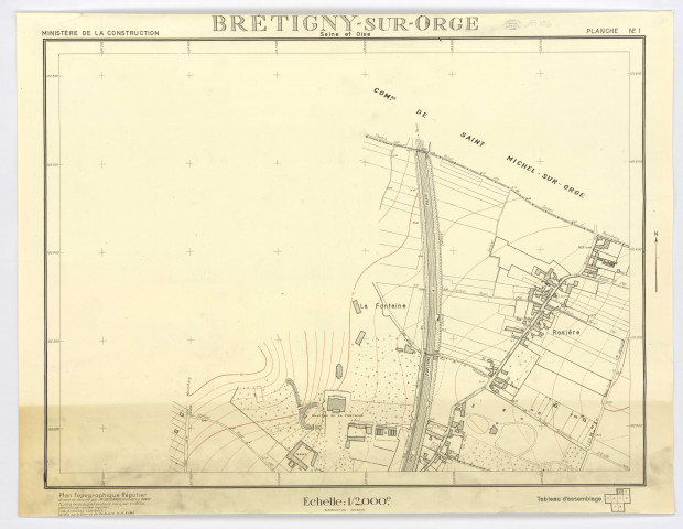 Plan topographique régulier de BRETIGNY-SUR-ORGE dressé et dessiné par M. DESCAMPS, géomètre à PARIS, établi à l'aide du plan existant, mis à jour en 1963 et complété par un levé régulier, vérifié par le Service du Cadastre, feuille 1, Ministère de la Construction, 1963. Ech. 1/2.000. N et B. Dim. 0,57 x 0,75. 