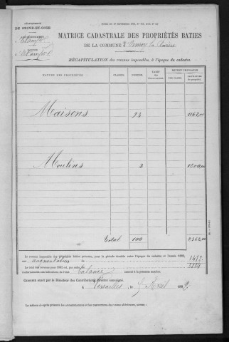 ORMOY-LA-RIVIERE. - Matrice des propriétés bâties [cadastre rénové en 1955]. 