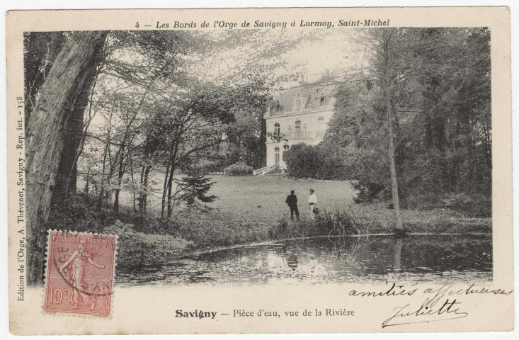 SAVIGNY-SUR-ORGE. - Le château de l'Oasis, pièce d'eau, vue de la rivière [Editeur Thévenet, 1905, timbre à 10 centimes]. 