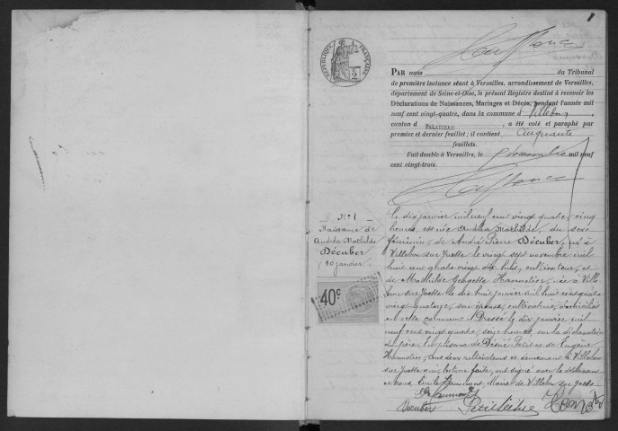 VILLEBON-SUR-YVETTE- Naissances, mariages, décès : registre d'état civil.