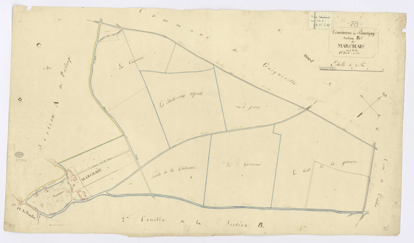 BOUTIGNY-SUR-ESSONNE. - Section B - Marchais (le), 1, ech. 1/2500, coul., aquarelle, papier, 58x99 (1816). 