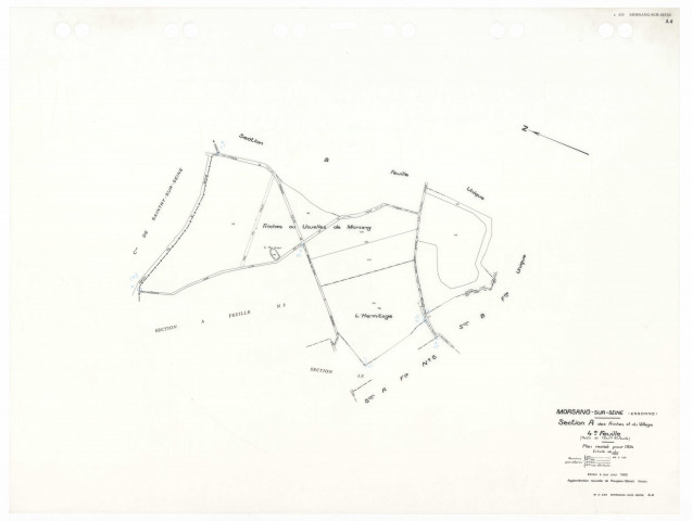 MORSANG-SUR-SEINE, plans minutes de conservation : tableau d'assemblage,1934, Ech. 1/10000 ; plans des sections A3, A5, 1934, Ech. 1/1250, sections A4, BU, 1934, Ech. 1/2500, sections AA, AC, AD, AE, AH, AI, 2001, Ech. 1/1000, section AB, 2001, Ech. 1/2000. Polyester. N et B. Dim. 105 x 80 cm [12 plans]. 