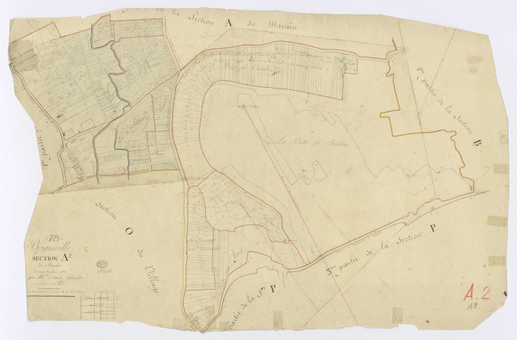 BOIGNEVILLE. - Section A - Marais (le), 2, ech. 1/1250, coul., aquarelle, papier, 63x96 (1813). 