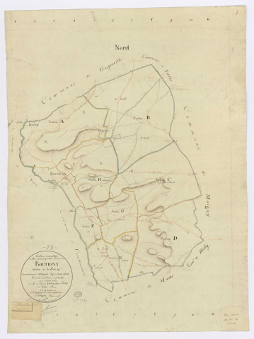 BOUTIGNY-SUR-ESSONNE. - Plan d'assemblage, ech. 1/10000, coul., aquarelle, papier, 82x61 (1816). 