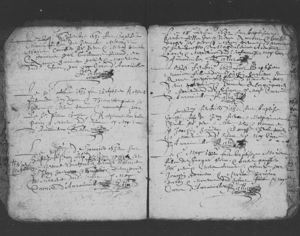 AVRAINVILLE, paroisse Notre-Dame. - Registres paroissiaux : baptêmes, mariages, sépultures [1630-1639, avril 1639-1675, 1676-1692, mars 1692-1718, août 1718-1746], actes de catholicité [1794-1807, 1810] [documents originaux conservés aux Archives municipales d'Avrainville]. 