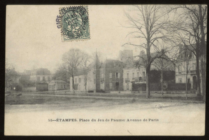 ETAMPES. - Place du jeu de paume, avenue de Paris. 1907, 1 timbre à 5 centimes. 