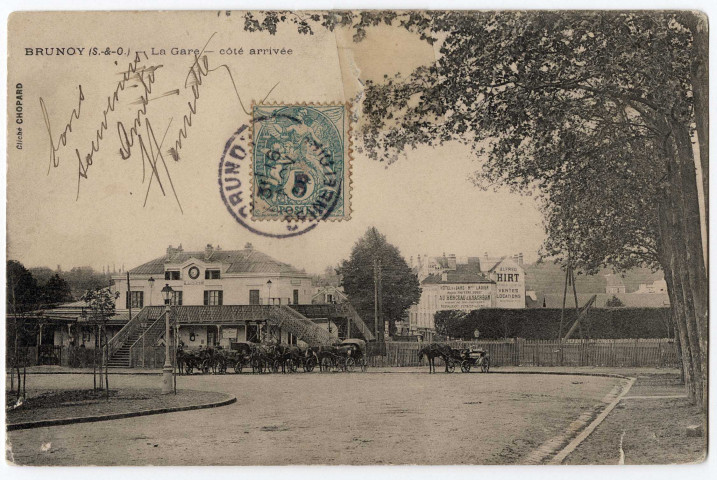 BRUNOY. - La gare côté arrivée, 1908, 3 mots, 5 c, ad. 