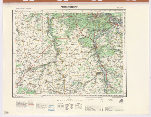 FONTAINEBLEAU (Seine-et-Marne). - Carte de France, feuille K-9, dressé, dessiné et publié par l'Institut géographique national, 1957. Ech. 1/100 000. Papier. Coul. Dim. 56 x 73 cm. [1 plan]. 