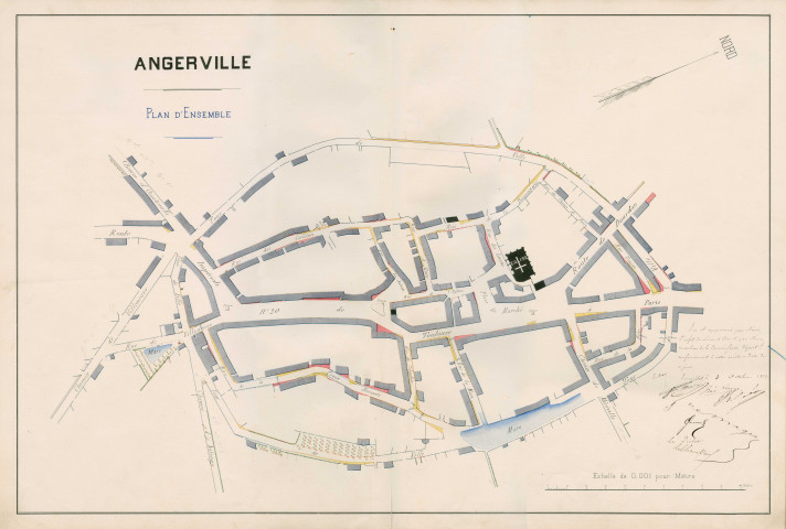 ANGERVILLE. - Plan d'alignement et canevas trigonométrique : le bourg et les hameaux de Ouestreville et de Villeneuve, mentionnant le noms des propriétaires de maisons et comportant la liste des alignements concernés. Ech. 0,001 pour mètre.