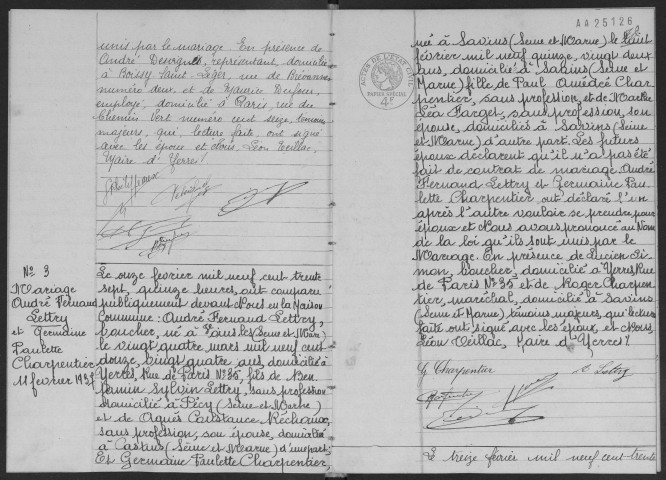 YERRES. - Mariages : registre d'état civil.