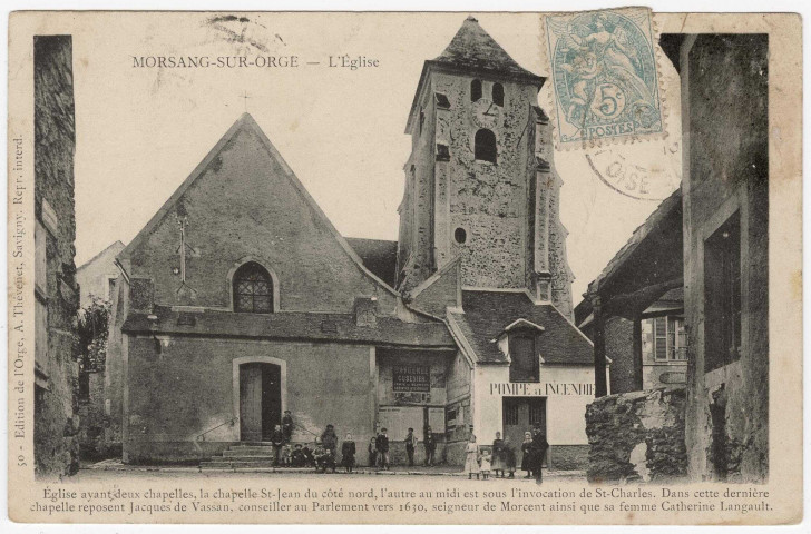 MORSANG-SUR-ORGE. - L'église et le local à incendie [Editeur Thévenet, 1908, timbre à 5 centimes]. 