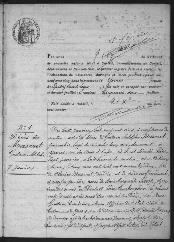 YERRES.- Naissances, mariages, décès : registre d'état civil (1905). 