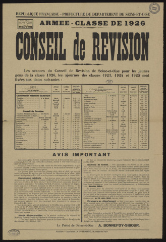 Seine-et-Oise [Département]. - Conseil de révision - Armée - classe 1926, mars 1926. 
