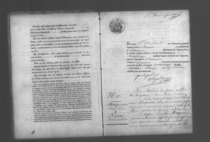 ETAMPES. Mariages : registre d'état civil (1850). 