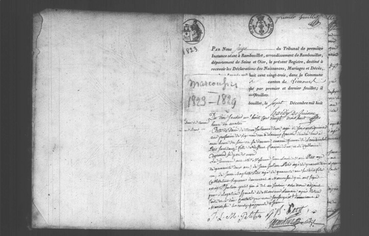 MARCOUSSIS. Naissances, mariages, décès : registre d'état civil (1823-1829). 