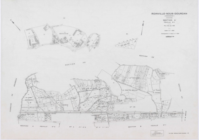 ROINVILLE-SOUS-DOURDAN, plans minutes de conservation : tableau d'assemblage, 1943, Ech. 1/10000 ; plans des sections A1, A3, B1, C1, 1943, Ech. 1/2500, sections A4, B2, 1943, Ech. 1/1250, sections ZA, ZB, ZC, ZD, ZE, ZH, ZK, 1959, Ech. 1/2000, sections XA, XB, XC, 1977, Ech. 1/2000, sections XD, XE, XH, 1982, Ech. 1/2000. Polyester. N et B. Dim. 105 x 80 cm [20 plans]. 