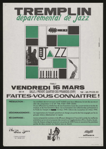 EVRY. - Tremplin départemental de jazz, Salle Jacques Prévert, 16 mars 1990. 