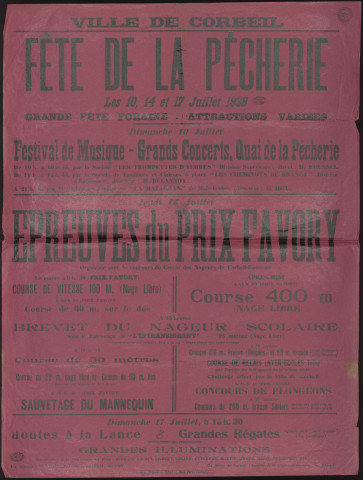 CORBEIL-ESSONNES. - Fête de la pêcherie : grande fête foraine, attractions variées, festival de musique, grands concerts, épreuves de natation, joutes à la lance, grandes régates, 10 juillet-17 juillet 1938. 