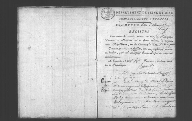 ETAMPES. Mariages : registre d'état civil (an XI). 