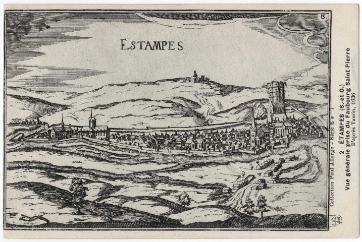 ETAMPES. - Vue générale du Foubourg Saint-Pierre, dessin de Tassin. Edition Seine-et-Oise artistique et pittoresque, collection Paul Allorge. 