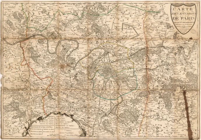Carte des environs de PARIS divisés en département, préfectures, sous-préfectures et justices de paix ou cantons, PARIS, 1810. Ech. 5,3 cm = 2 000 toises. Coul. Lég. Dim. 0,72 x 0,505. 