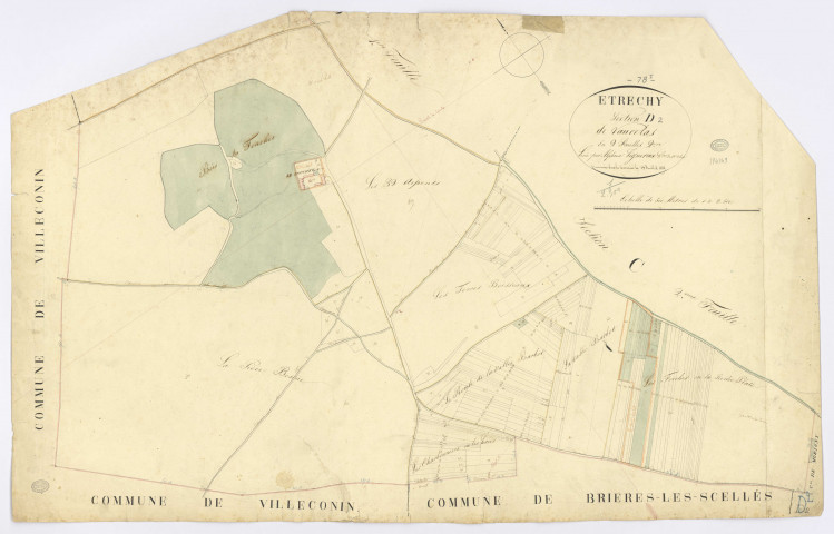 ETRECHY. - Section D - Vaucelas, 2, ech. 1/2500, coul., aquarelle, papier, 62x98 (1825). 