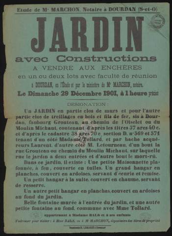 DOURDAN.- Vente aux enchères d'un jardin avec constructions, Faubourg Grouteau, 29 décembre 1901. 