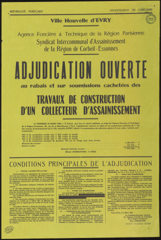 EVRY. - Adjudication ouverte au rabais et sur soumissions cachetées des travaux de construction d'un collecteur d'assainissement, 3 mars 1969. 