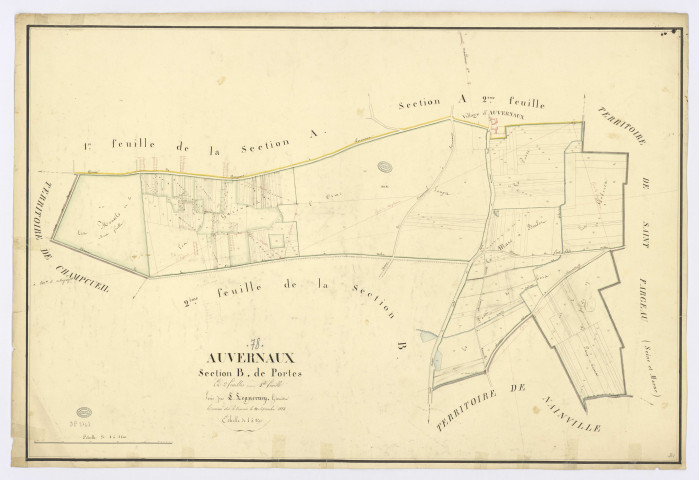 AUVERNAUX. -Section B, Portes 1, ech. 1/2500, coul., aquarelle, papier, 67x98 (1823). 