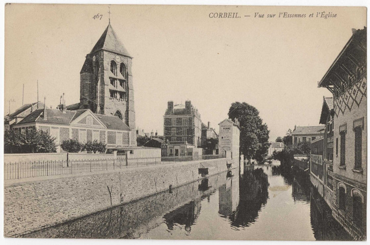CORBEIL-ESSONNES. - Vue sur l'Essonne et l'église, 1907, 17 lignes, 2x5 c, ad. 