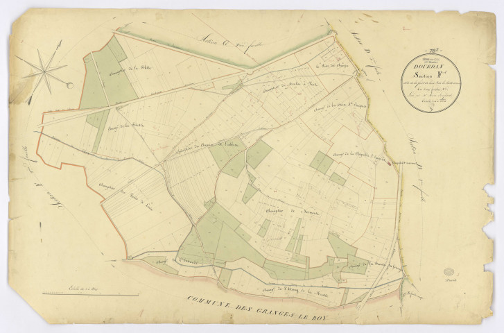 DOURDAN. - Section F - de la Forêt de Louie et de la Butte de Normont, 1, ech. 1/2500, coul., aquarelle, papier, 66x102 (1826). 