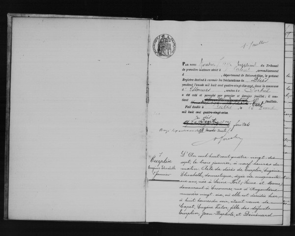 ESSONNES. Décès : registre d'état civil (1897). 