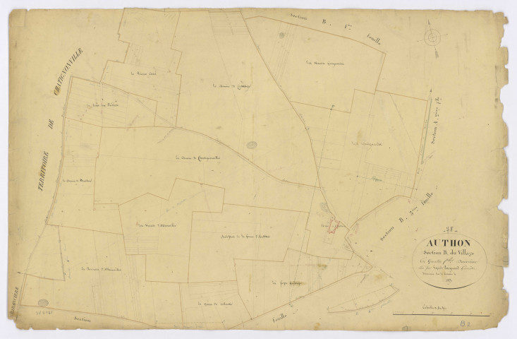 AUTHON-LA-PLAINE. -Section B - Village (le), 2, ech. 1/2500, coul., aquarelle, papier, 68x105 (1827). 