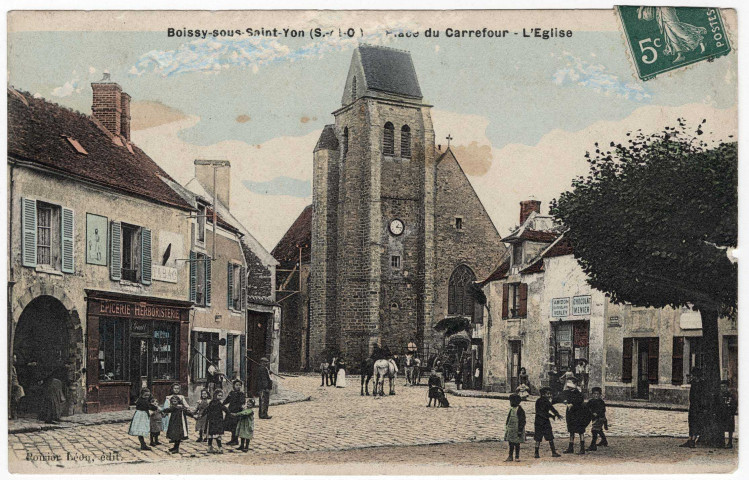 BOISSY-SOUS-SAINT-YON. - Place du Carrefour. L'église, Poirier, 2 mots, 5 c, ad., coloriée. 