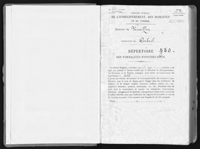 Conservation des hypothèques de CORBEIL. - Répertoire des formalités hypothécaires, volume n° 480 : A-Z (registre ouvert vers 1920). 