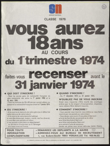 Essonne [Département]. - Vous aurez 18 ans au cours du 1er trimestre 1974. Faites-vous recenser avant le 31 janvier 1974, 1974. 