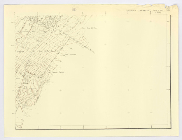 Plan topographique régulier de MORIGNY-CHAMPIGNY dressé et dessiné par M. BONNET, géomètre-expert, vérifié par le Service du Cadastre, feuille 4, 1955. Ech. 1/2.000. N et B. Dim. 0,58 x 0,77. 