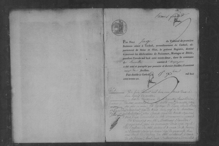 LEUVILLE-SUR-ORGE. Naissances, mariages, décès : registre d'état civil (1832-1841). 