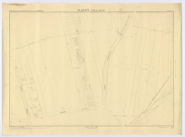 Fonds de plan topographique de MASSY - VILLAINE dressé en 1946 par M. GUITONNEAU, géomètre-expert, vérifié par le Service des Ponts et Chaussées, feuille 4, Ministère de la Reconstruction et de l'Urbanisme, 1948. Ech. 1/500. N et B. Dim. 0,81 x 1,09. 