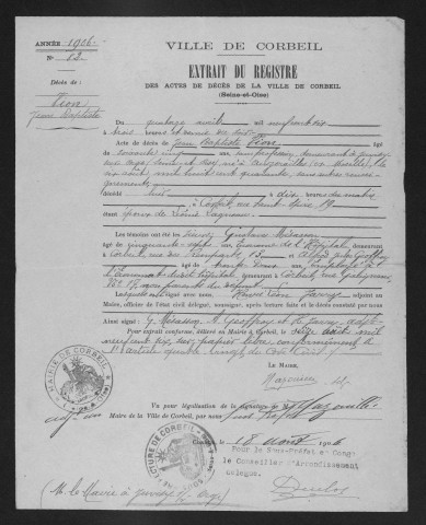 JUVISY-SUR-ORGE. - Décès : registre d'état civil. 